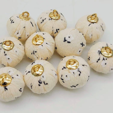 Beige Floral Printed Cotton Fabric Ball Tassel, Button with Ring Cap, Decorative Tassels